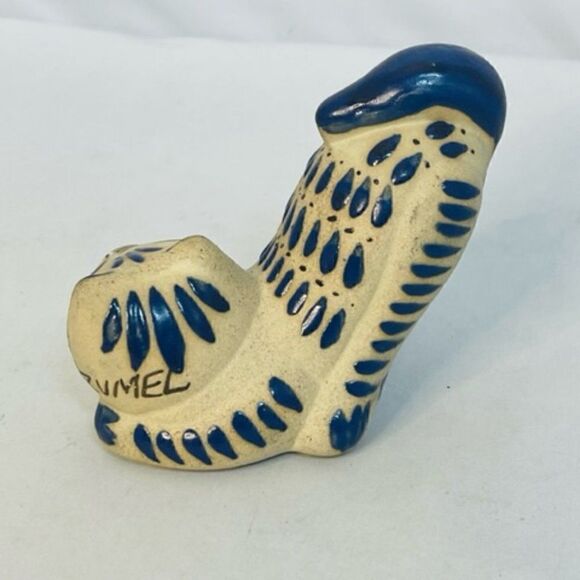 Tonala Mexico Folk Art Pottery Stretching Cat Hand Painted Rain Drop Blue Excell - Picture 3 of 6